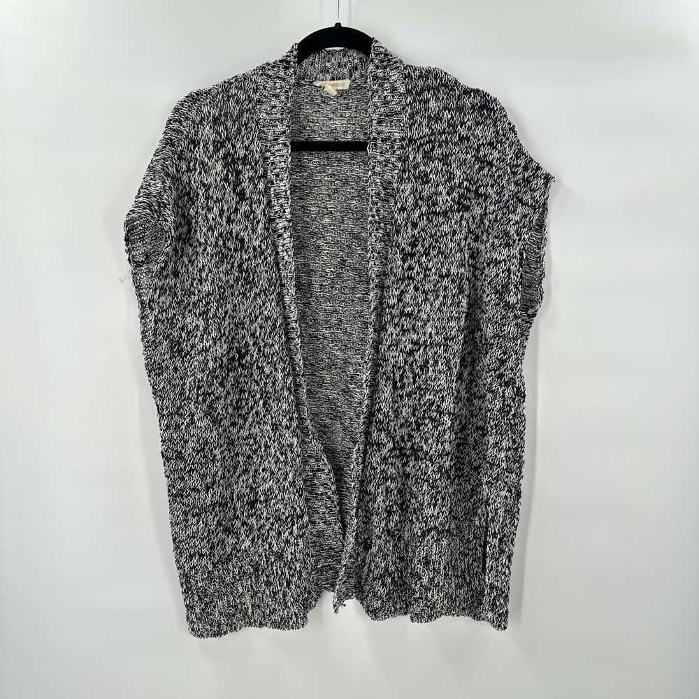 Eileen Fisher Cardigan Vest Large Black White Knit Linen Blend Lagenlook *